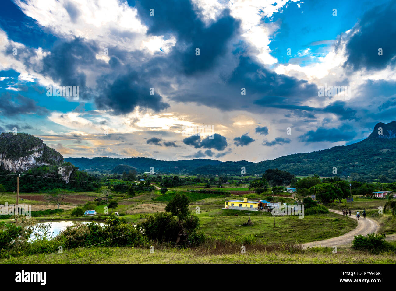 Vi ales valley view in Cuba. Unreal nature wih lakes, mountain, trees, wildlife- Stock Photo