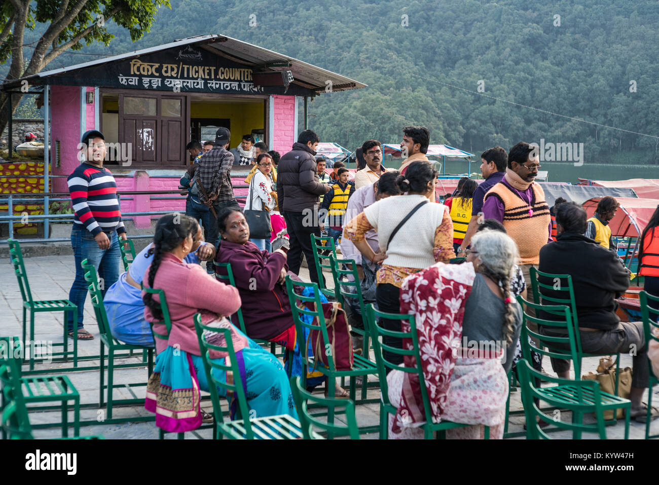 Tourists on the boat in the Phewa lake, Pokhara, Nepal, Asia. Stock Photo