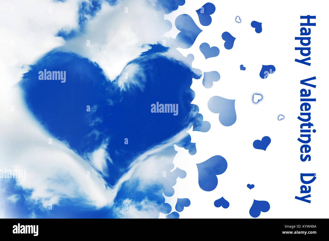 Valentine card, shape of a heart in a blue sky, flying hearts on white background Stock Photo