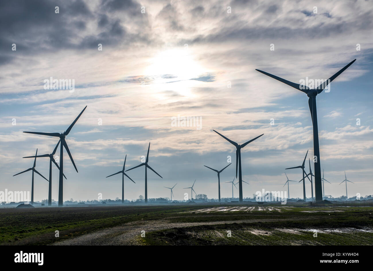 Wind energy plant, wind farm in East Frisia, Lower Saxony, Northern Germany, Stock Photo