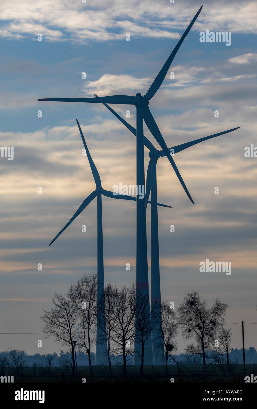 Wind energy plant, wind farm in East Frisia, Lower Saxony, Northern Germany, Stock Photo