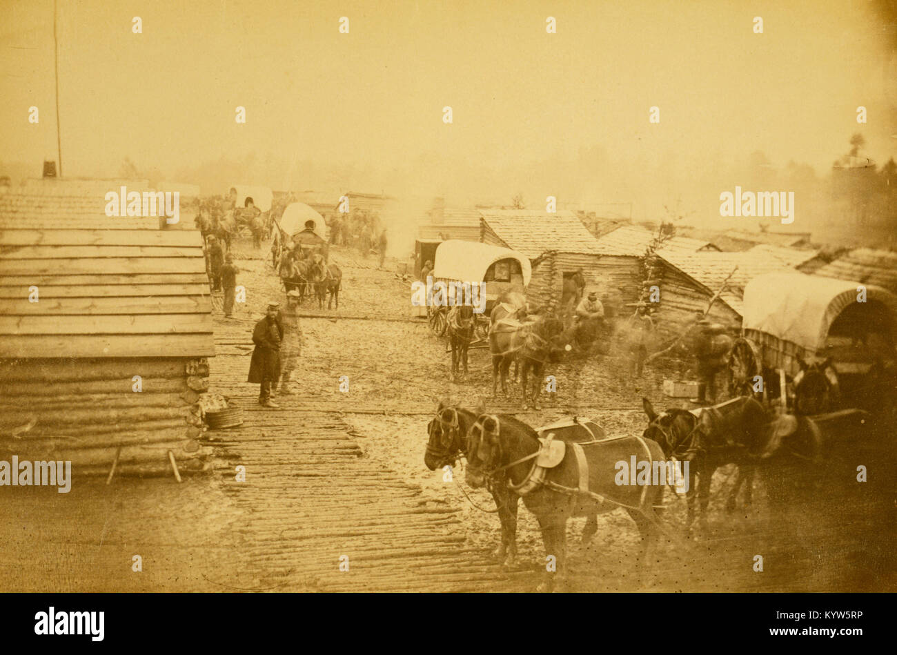 Camp of the Union forces at Centreville, Virginia, showing soldiers, log buildings, horses and wagons, during winter of 1861-1862 Stock Photo