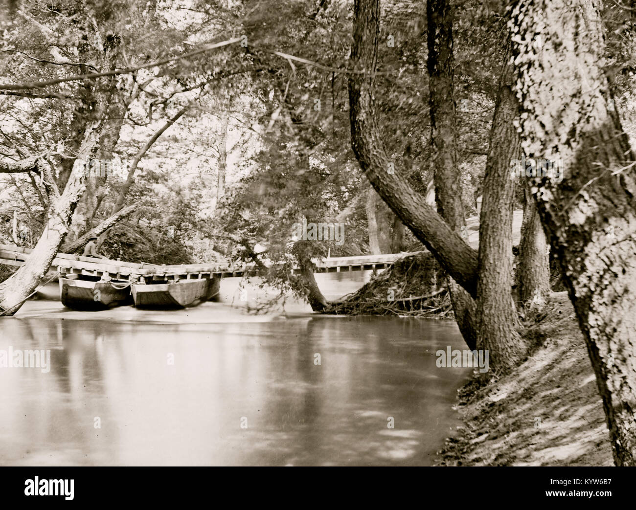 Taylor's Bridge, Virginia. Pontoon bridge across the North Anna river below Taylor's bridge Stock Photo