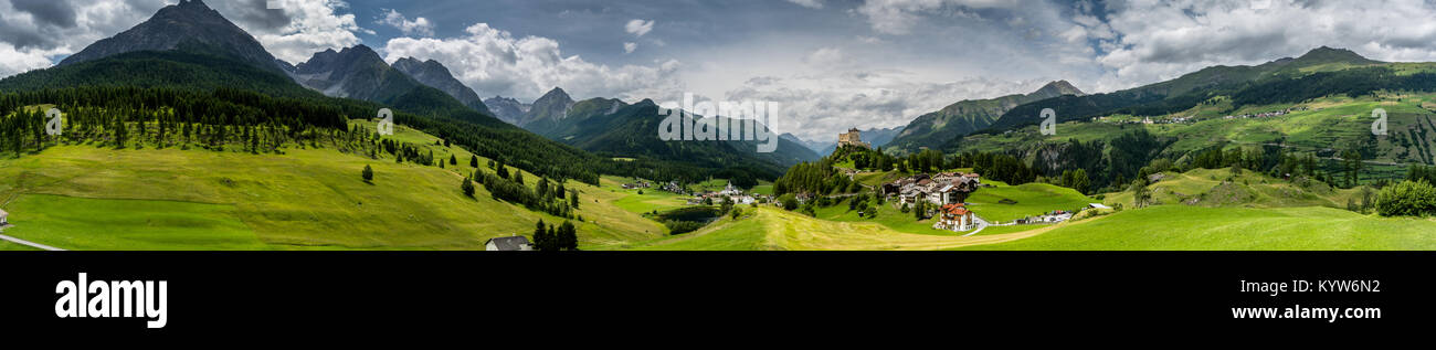 panorama view of the village and castle of Tarasp in Switzerland Stock ...