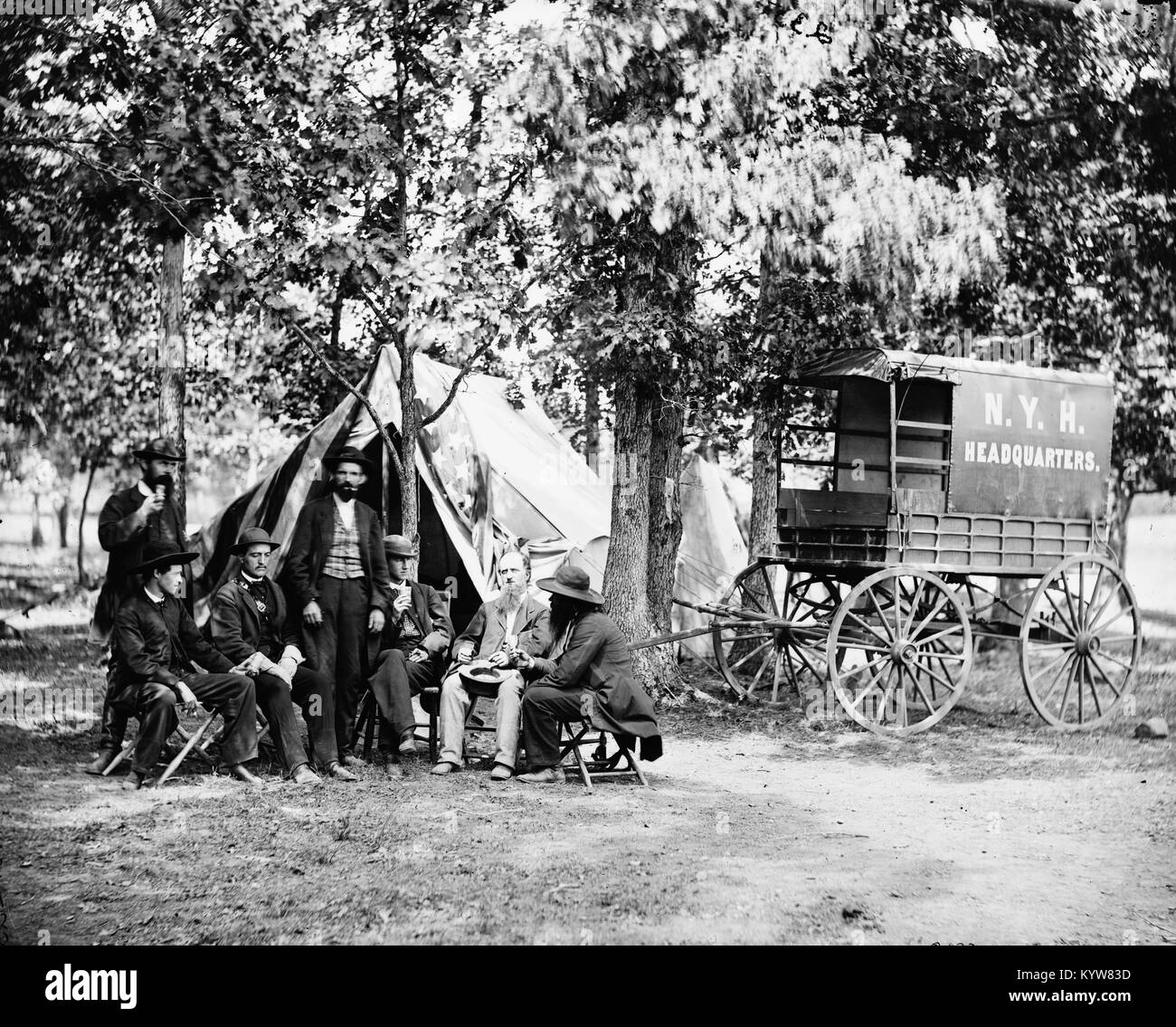 Bealeton, Va. Group at tent and wagon of the New York Herald Stock Photo