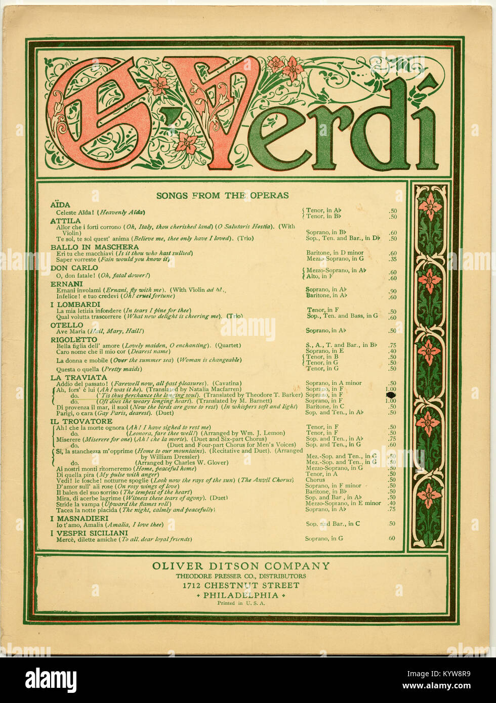 Giuseppe Verdi book with the songs of his operas Stock Photo