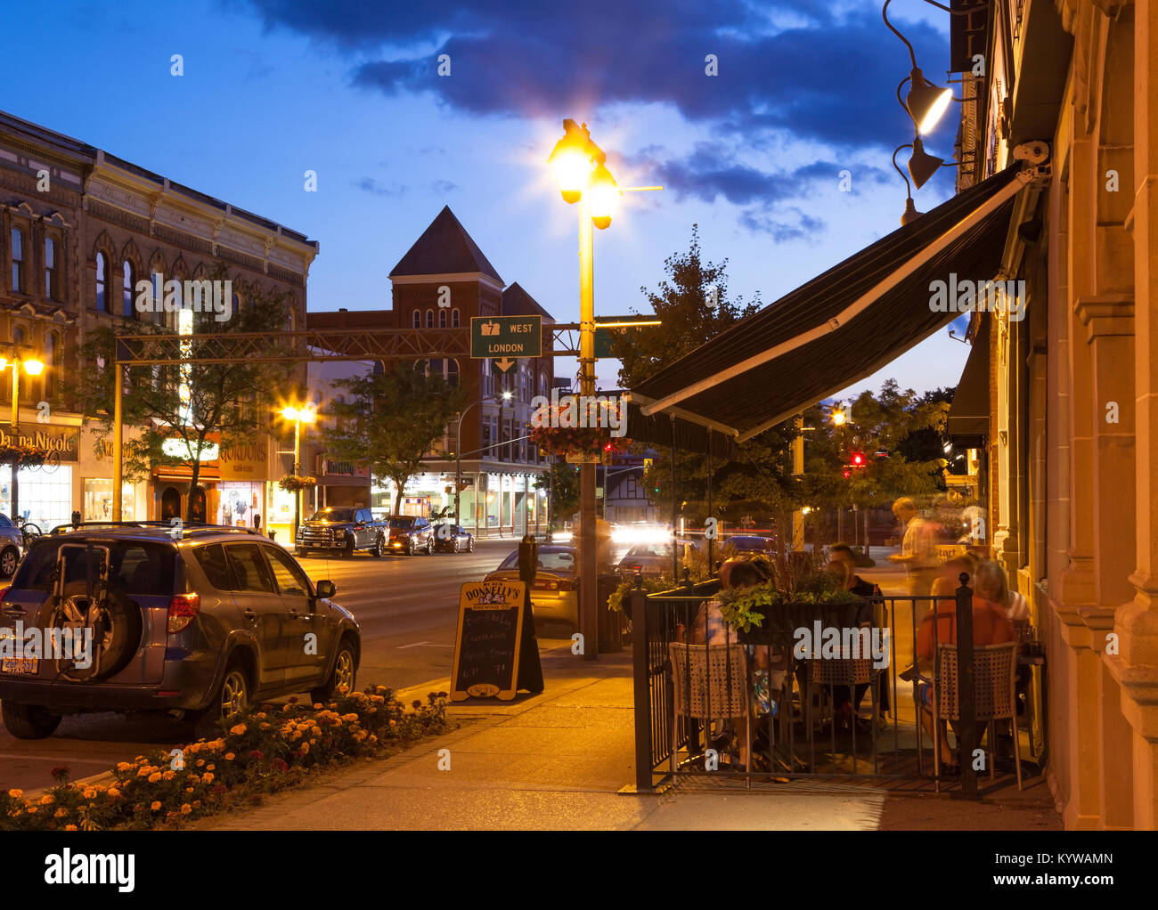 A patio along Ontario St. in downtown Stratford at dusk located in Stratford, Ontario, Canada. Stock Photo