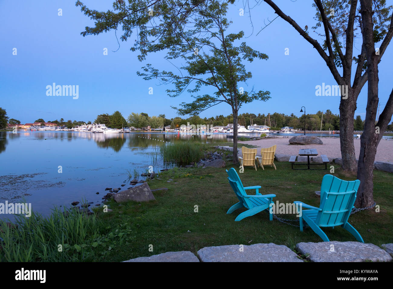 Port Severn Park on Little Lake at dusk in Port Severn, Ontario, Canada. Stock Photo