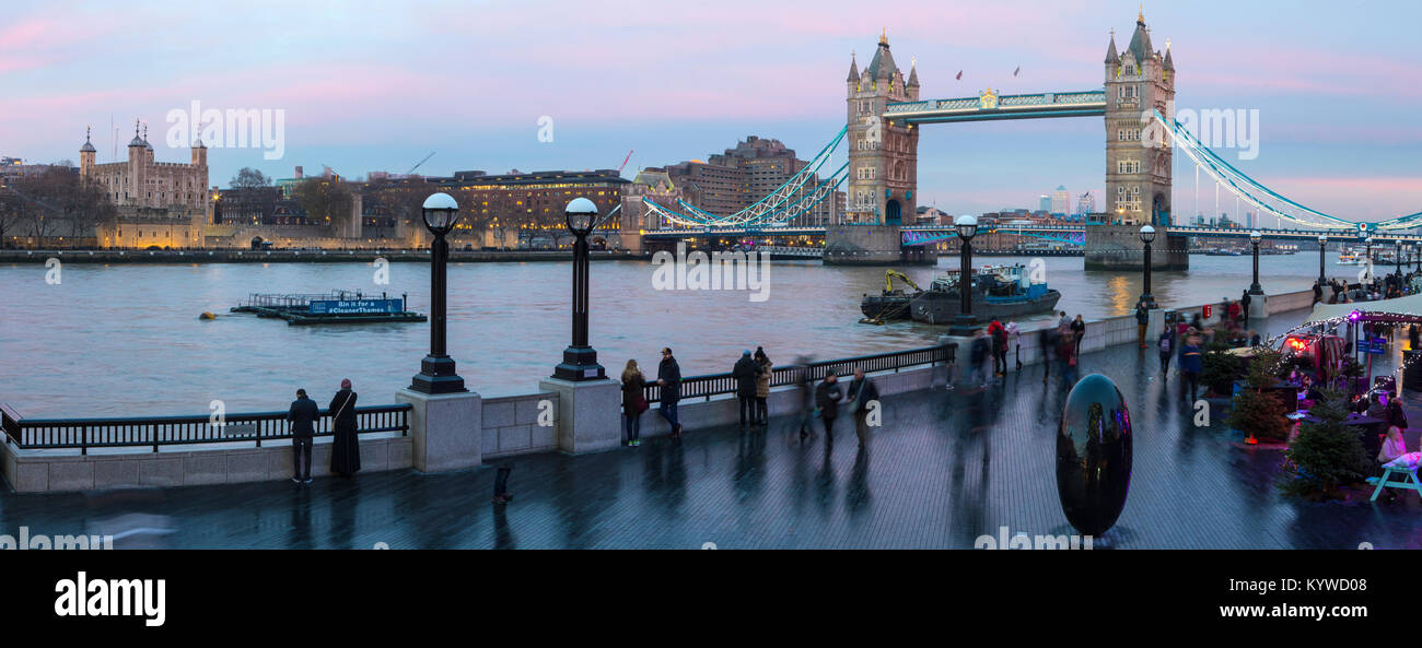 LONDON, UK - DECEMBER 18TH 2017: A panoramic view along the River Thames in London, taking in the sights of the Tower of London and Tower Bridge, on 1 Stock Photo