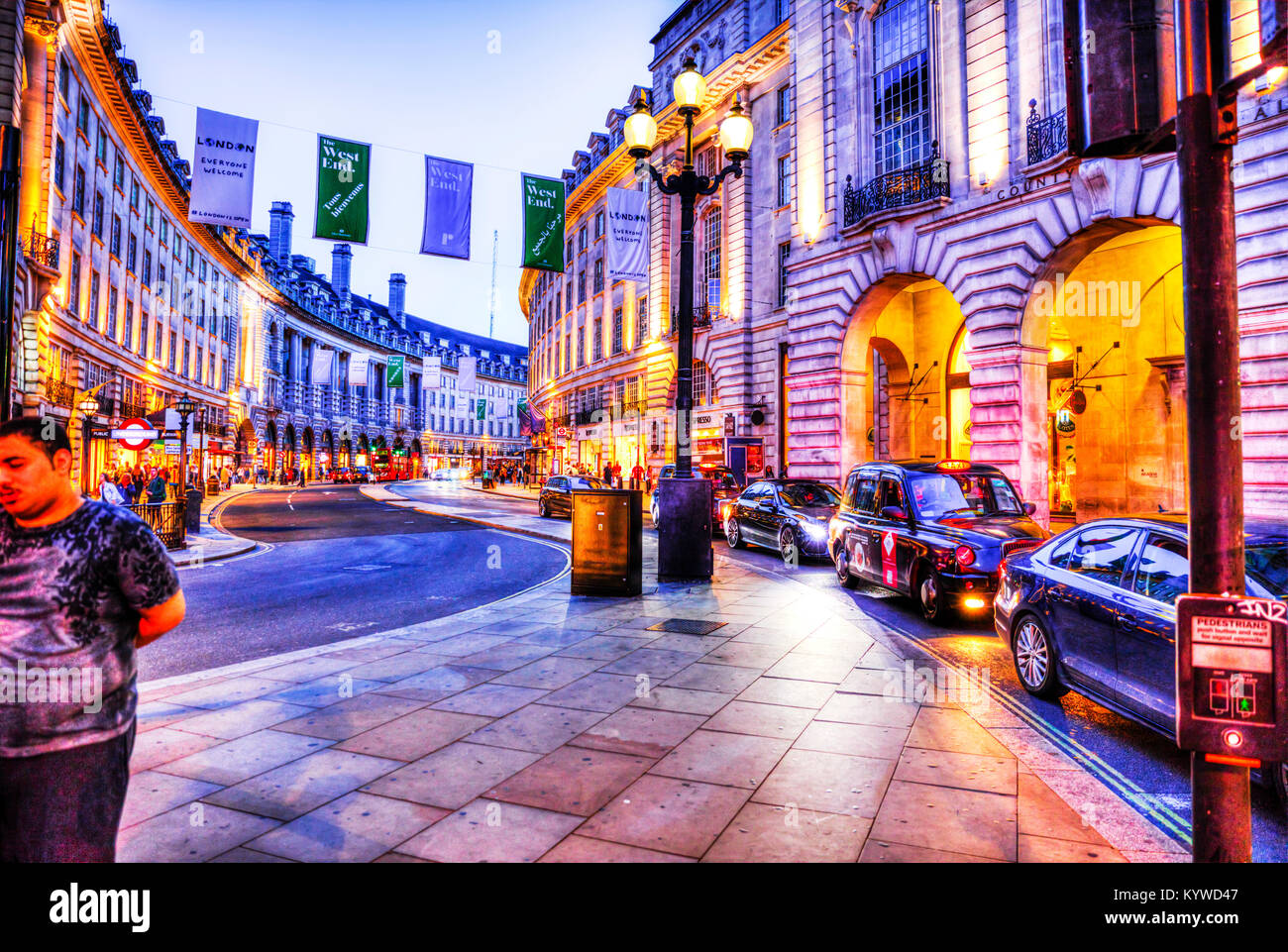 Regent Street London, Regent Street shops, Regent Street buildings, Regent Street London UK England, Regent Street, regent street at night london Stock Photo
