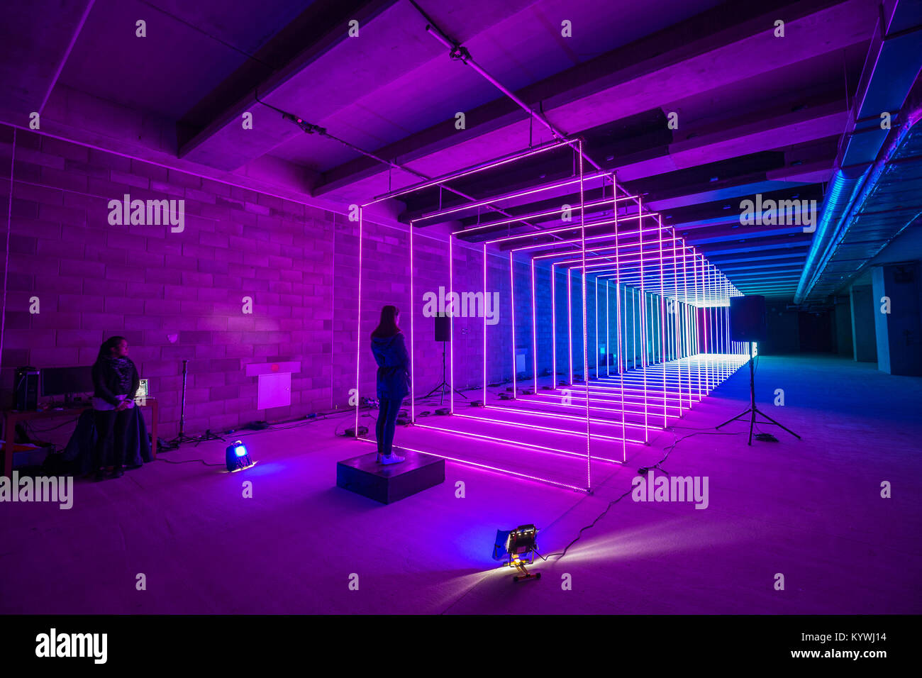 London, UK. 16th Jan, 2018. Winter Lights interactive art installations at Canary Wharf includes Marcus Lyall's ‘On Your Wavelength' a mind-powered laser and sound installation of over 20,000 LEDs. Lyall's structure uses participant's brain activity to choreograph beautiful light patterns. Credit: Guy Corbishley/Alamy Live News Stock Photo