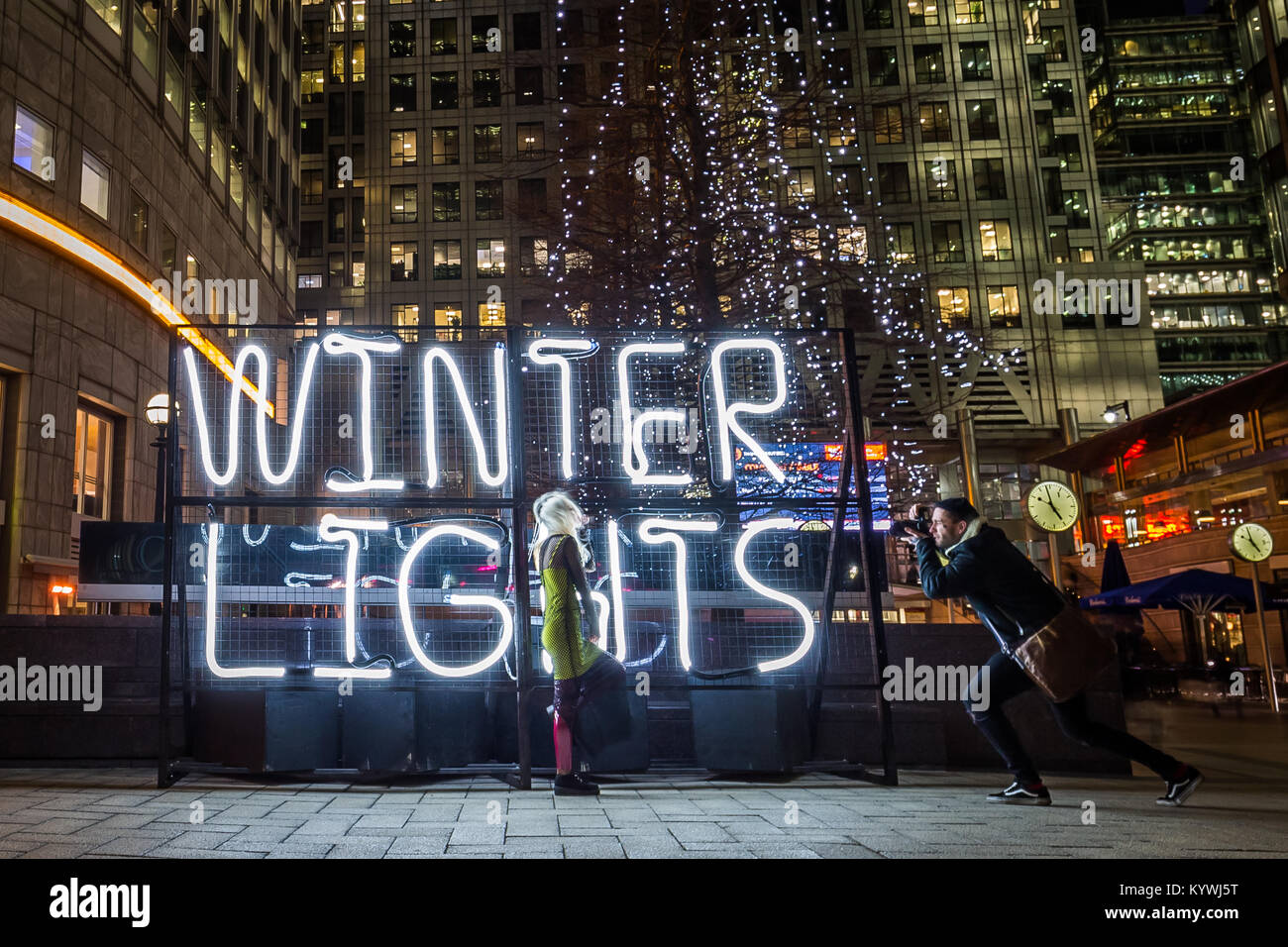 London, UK. 16th Jan, 2018. Winter Lights interactive art installations at Canary Wharf Credit: Guy Corbishley/Alamy Live News Stock Photo