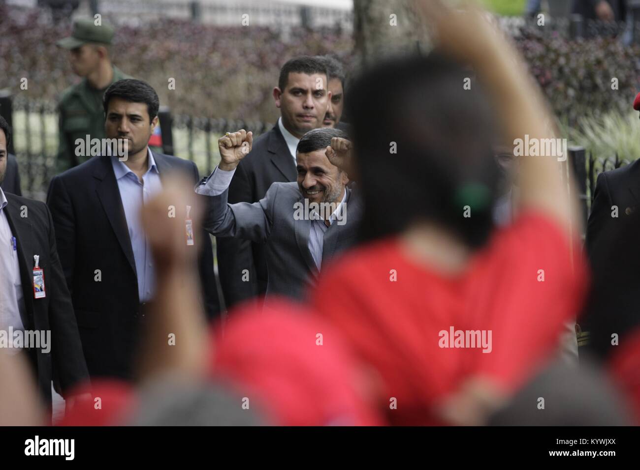 Caracas, Distrito Capital, Venezuela. 19th Apr, 2013. April 19, 2013. Mahmud Ahmadineyad (c) president of Iran, arrives at the national assembly for the swearing-in of Nicolas Maduro, as president of Venezuela. Photo: Juan Carlos Hernandez Credit: Juan Carlos Hernandez/ZUMA Wire/Alamy Live News Stock Photo