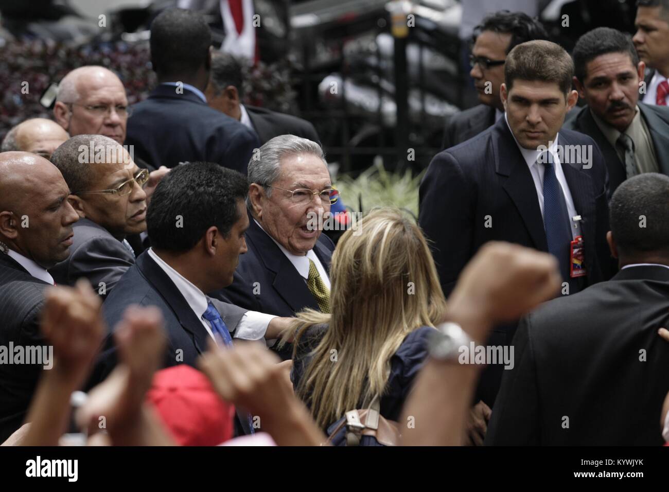 Caracas, Distrito Capital, Venezuela. 19th Apr, 2013. April 19, 2013. Raul Castro, (c) president of Cuba, arrives at the national assembly for the swearing-in of Nicolas Maduro, as president of Venezuela. Photo: Juan Carlos Hernandez Credit: Juan Carlos Hernandez/ZUMA Wire/Alamy Live News Stock Photo