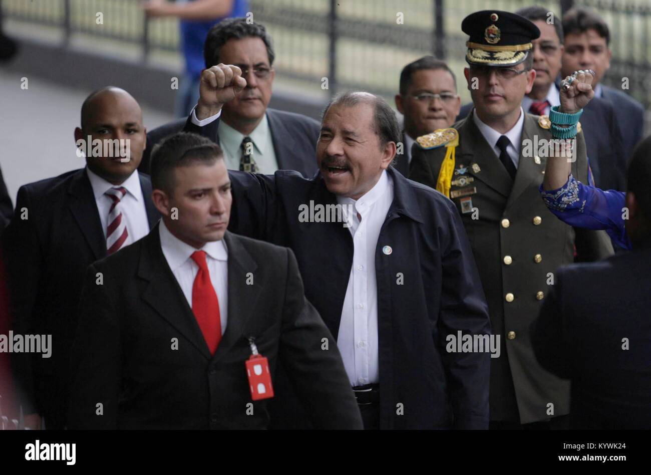 Caracas, Distrito Capital, Venezuela. 19th Apr, 2013. April 19, 2013. Daniel Ortega (c) president of Nicaragua, arrives at the national assembly for the swearing-in of Nicolas Maduro, as president of Venezuela. Photo: Juan Carlos Hernandez Credit: Juan Carlos Hernandez/ZUMA Wire/Alamy Live News Stock Photo