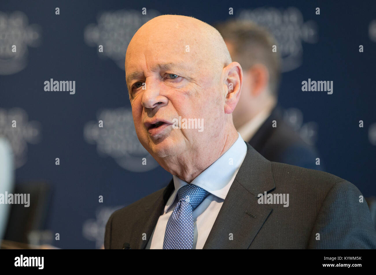 Geneva, Switzerland. 16th Jan, 2018. Founder and Chief Executive of the World Economic Forum (WEF) Klaus Schwab speaks at a press conference in Geneva, Switzerland, Jan. 16, 2018. Some 70 heads of state and government and 38 heads of international organizations will debate 'creating a shared future in a fractured world' -- the theme of this year's World Economic Forum in Davos from Jan. 23 to Jan. 26. Credit: Xu Jinquan/Xinhua/Alamy Live News Stock Photo