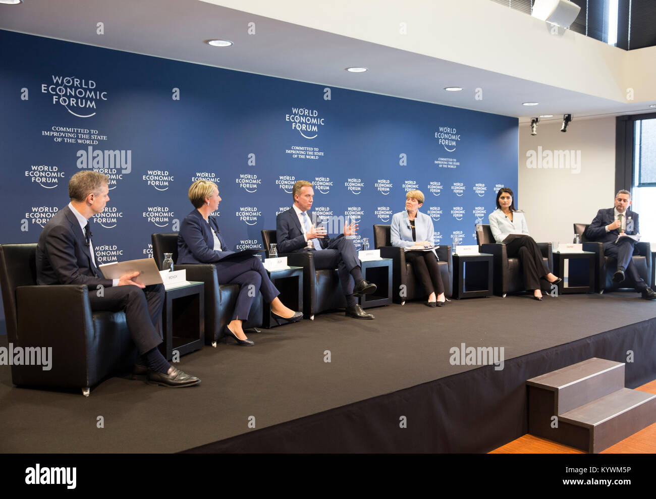 Geneva, Switzerland. 16th Jan, 2018. Borge Brende (3rd L), the president of the World Economic Forum (WEF), gestures at a press conference in Geneva, Switzerland, Jan. 16, 2018. Some 70 heads of state and government and 38 heads of international organizations will debate 'creating a shared future in a fractured world' -- the theme of this year's World Economic Forum in Davos from Jan. 23 to Jan. 26. Credit: Xu Jinquan/Xinhua/Alamy Live News Stock Photo