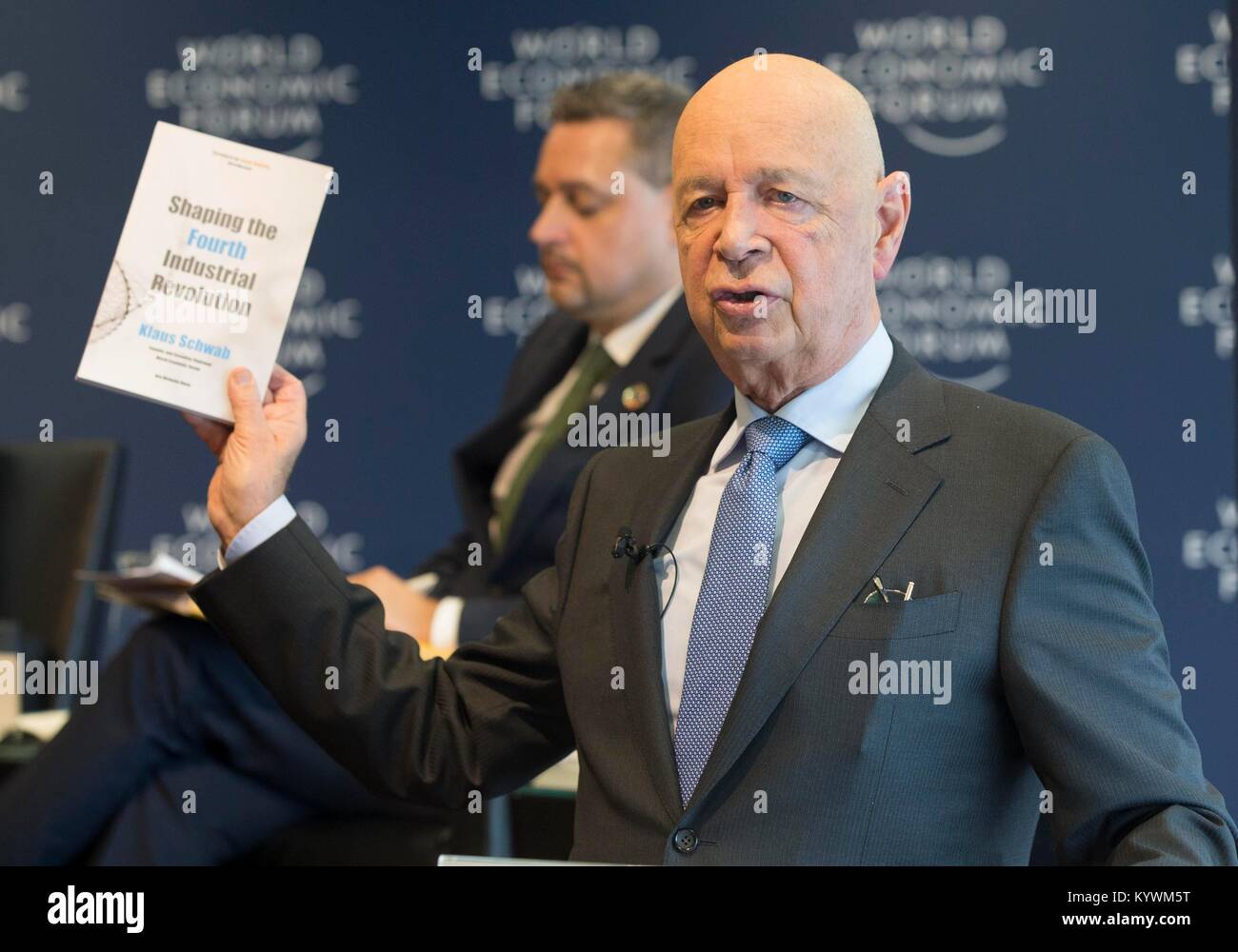 Geneva, Switzerland. 16th Jan, 2018. Founder and Chief Executive of the World Economic Forum (WEF) Klaus Schwab gestures at a press conference in Geneva, Switzerland, Jan. 16, 2018. Some 70 heads of state and government and 38 heads of international organizations will debate 'creating a shared future in a fractured world' -- the theme of this year's World Economic Forum in Davos from Jan. 23 to Jan. 26. Credit: Xu Jinquan/Xinhua/Alamy Live News Stock Photo