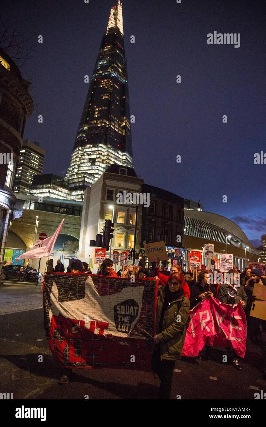London, UK. 16th Jan, 2018. Students, members of the local Latin American community and social housing activists march from UAL to Southwark Council Planning Committee offices in protest against the redevelopment by developer Delancey of the Elephant & Castle shopping centre and London College of Communication campus. Credit: Mark Kerrison/Alamy Live News Stock Photo
