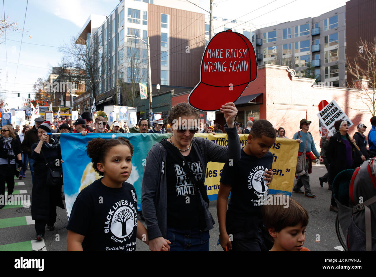 Seattle, United States. 15th Jan, 2018. Marchers take part in the 36th annual Martin Luther King Jr. Day March on January 15, 2018 in Seattle, Washington. ( Credit: Otto Greule/Alamy Live News Stock Photo