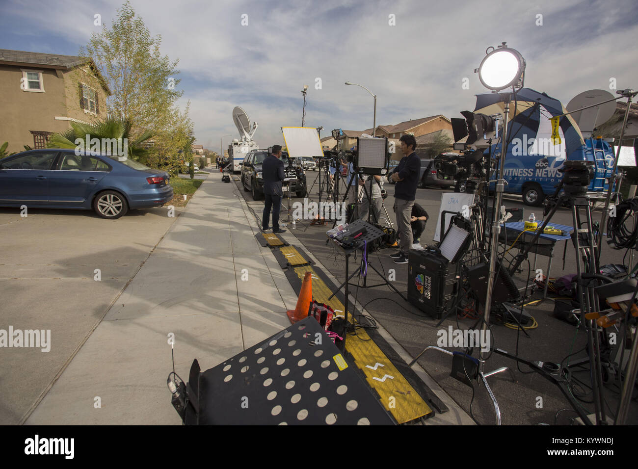 Perris, CA, USA. 16th Jan, 2018. News crews setup infront of the home