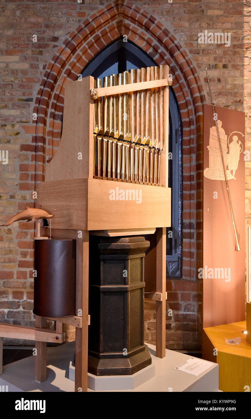 The replica of a Roman water organ, which used to accompany Gladiator fights, is displayed at the 'Archaeomusica' exhibition in Brandenburg an der Havel, Germany, 16 January 2018. The special exhibition presents instruments from 40,000 years of European music history in a unique constellation. Photo: Bernd Settnik/dpa-Zentralbild/dpa Stock Photo