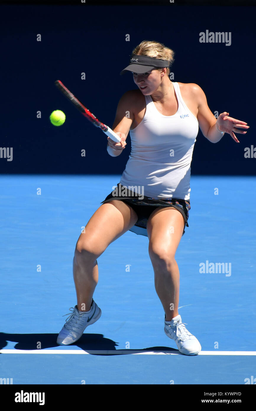 Melbourne, Australia. 17th Jan, 2018. Jana Fett of Croatia in action  against 2nd seed Caroline Wozniacki of Denmark in a 2nd round match on day  three of the 2018 Australian Open Grand