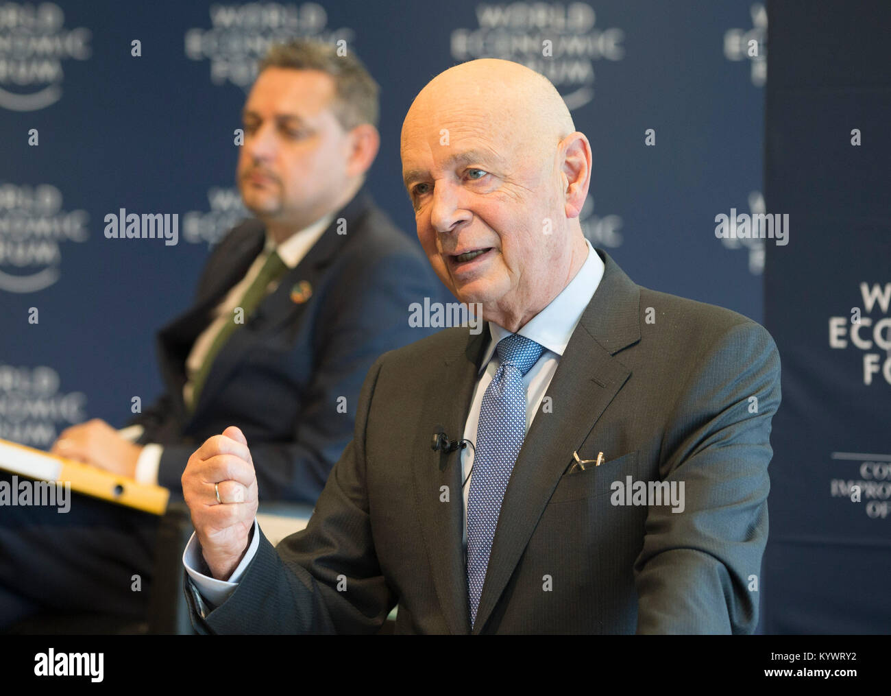 Geneva, Switzerland. 16th Jan, 2018. Klaus Schwab, founder and chief executive of the World Economic Forum (WEF), gestures at a press conference in Geneva, Switzerland, Jan. 16, 2018. Schwab said Tuesday that he expects an 'important moment' in Davos when China shares with the world new information about its economic development. Credit: Xu Jinquan/Xinhua/Alamy Live News Stock Photo