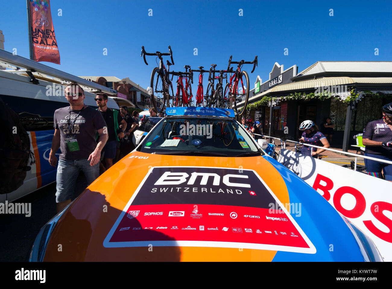 Unley, South Australia, Australia. 17th Jan, 2018. BMC Racing Team car at the start of Stage 2, Unley to Stirling, of the Tour Down Under, Australia on the 17 of January 2018 Credit: Gary Francis/ZUMA Wire/Alamy Live News Stock Photo