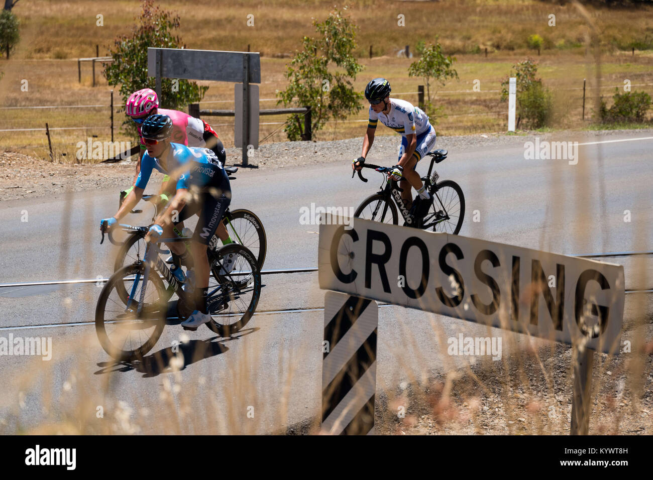 Balhannah, South Australia, Australia. 17th Jan, 2018. Will Clarke, Jamie Castillo, Scott Bowden at the Balhannah rail crossing at Stage 2, Unley to Stirling, of the Tour Down Under, Australia on the 17 of January 2018 Credit: Gary Francis/ZUMA Wire/Alamy Live News Stock Photo