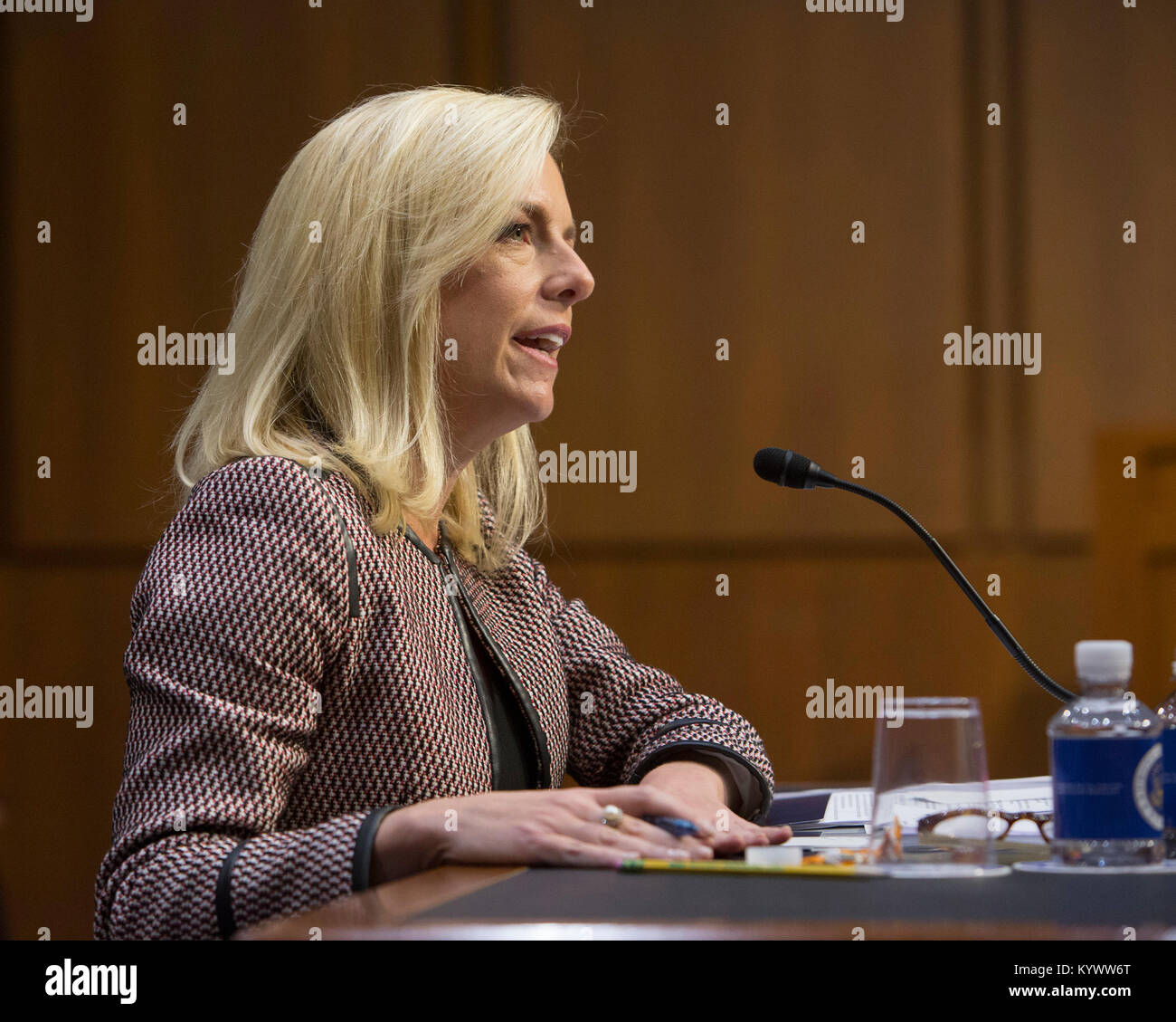 Washington, USA. 16th Jan, 2018. United States Secretary of Homeland Security Kirstjen Nielsen appears before the Senate Judiciary Committee on Capitol Hill, January 16, 2017. Credit: Chris Kleponis/CNP - NO WIRE SERVICE - Credit: Chris Kleponis/Consolidated/dpa/Alamy Live News Stock Photo