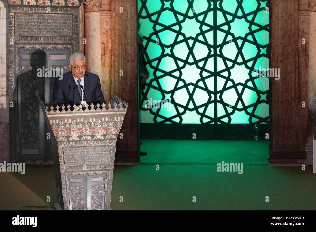 Palestinian President Mahmoud Abbas (Abu Mazen) delivers a speech during Al-Azhar World Conference in Support of Jerusalem, at Al-Azhar Conference Centre in Cairo, Egypt, 17 January 2018. Photo: Fayed El-Geziry/dpa Stock Photo