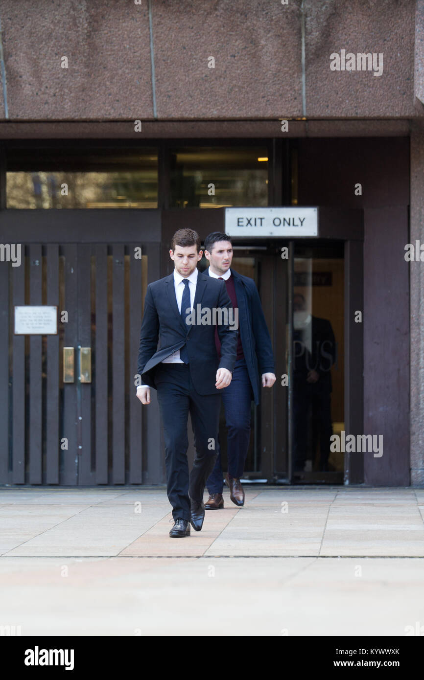 Liverpool, UK, 17th January 2018. Jon Flanagan the Liverpool FC player leaves court after being sentenced for drunken assault on his girlfriend. Flanagan, of Knowsley Road in Aigburth, was ordered to complete 40 hours unpaid work and attend 15 rehabilitation activity days with the Probation Service at Liverpool Magistrates’ Court today, as part of a 12 month community order. Credit: Ken Biggs/Alamy Live News. Stock Photo