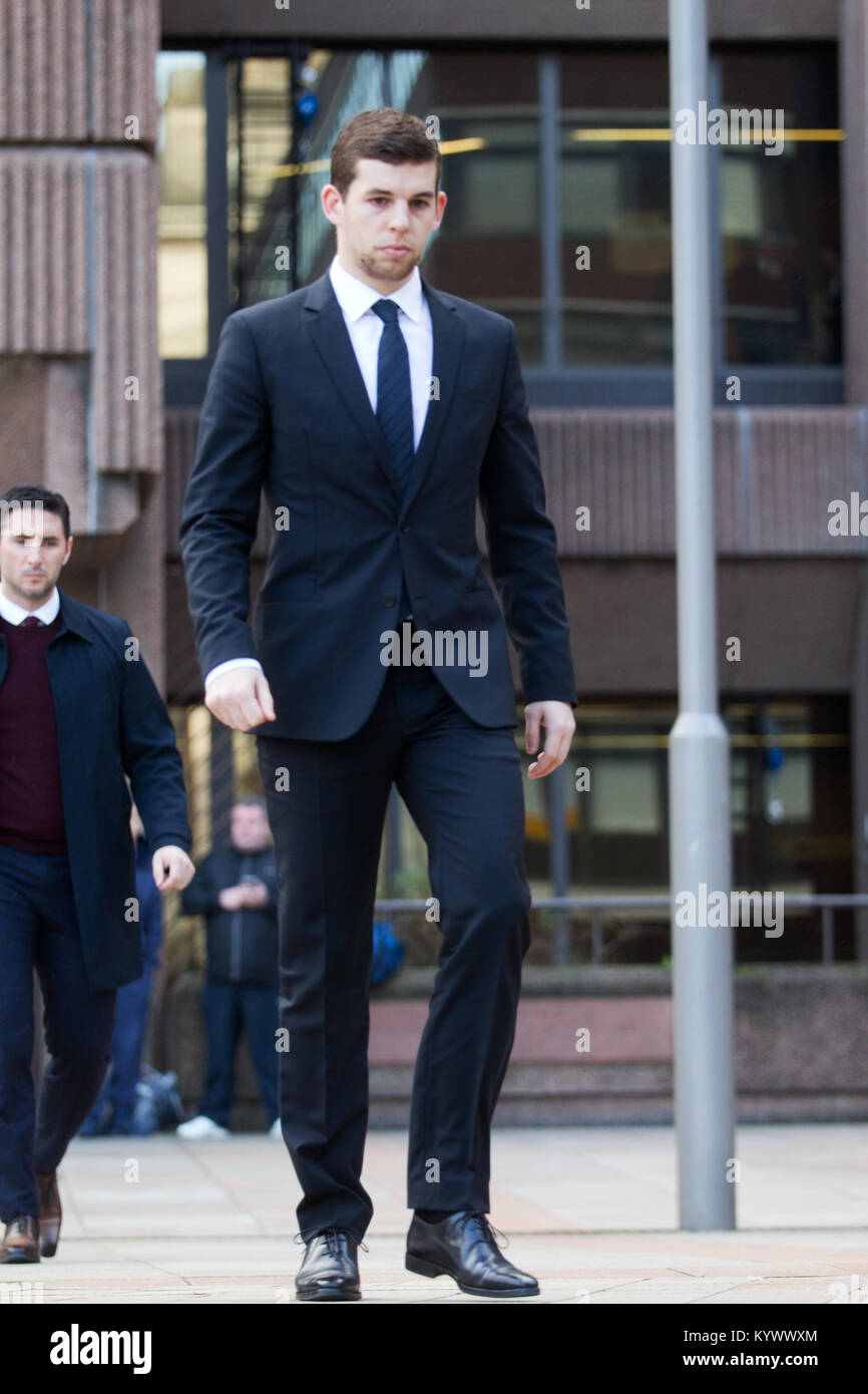 Liverpool, UK, 17th January 2018. Jon Flanagan the Liverpool FC player leaves court after being sentenced for drunken assault on his girlfriend. Flanagan, of Knowsley Road in Aigburth, was ordered to complete 40 hours unpaid work and attend 15 rehabilitation activity days with the Probation Service at Liverpool Magistrates’ Court today, as part of a 12 month community order. Credit: Ken Biggs/Alamy Live News. Stock Photo