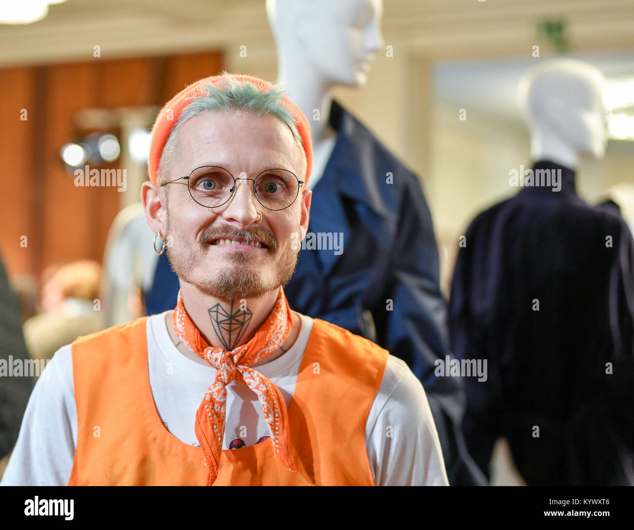 Berlin, Germany. 16th Jan, 2018. Designer Patrick Mohr photographed at the  group exhibition of the Berliner Salon in the Kronprinzenpalais in Berlin,  Germany, 16 January 2018. The Fall/Winter 2018/19 collections are being