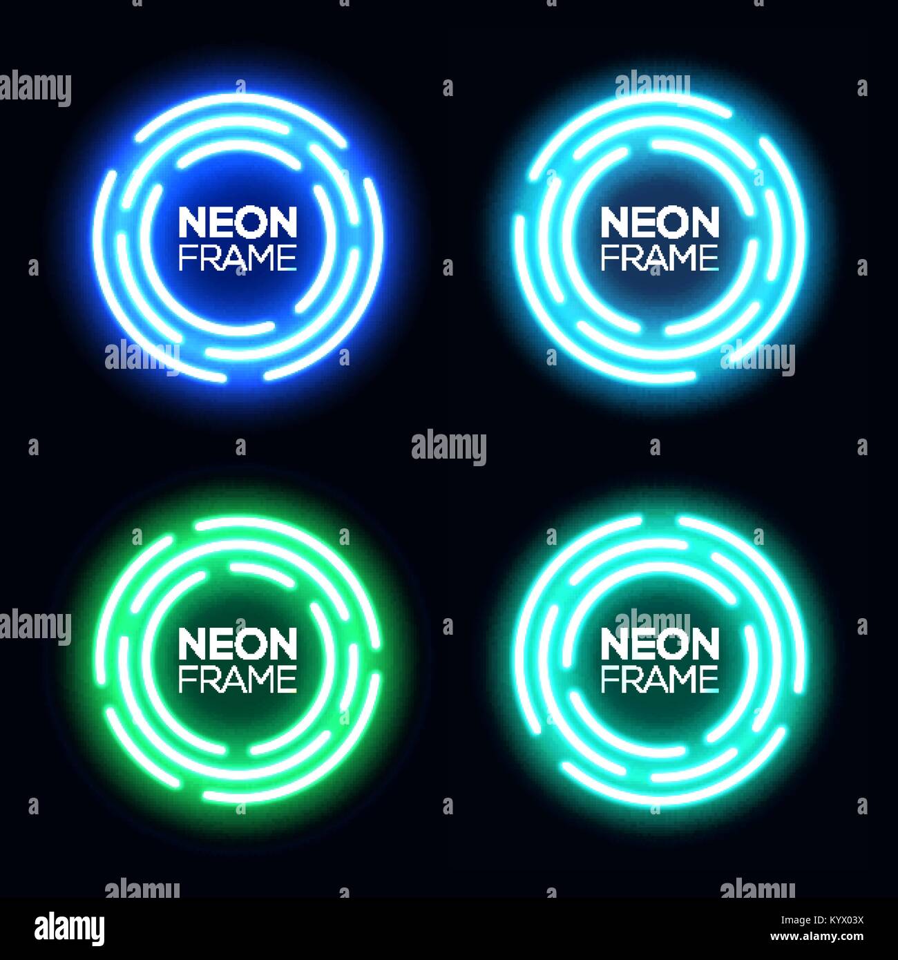 Neon light circles set. Shining round techno frames collection. Night club electric 3d banners on dark backdrop. Blue and green neon abstract background with glow. Technology vector illustration. Stock Vector