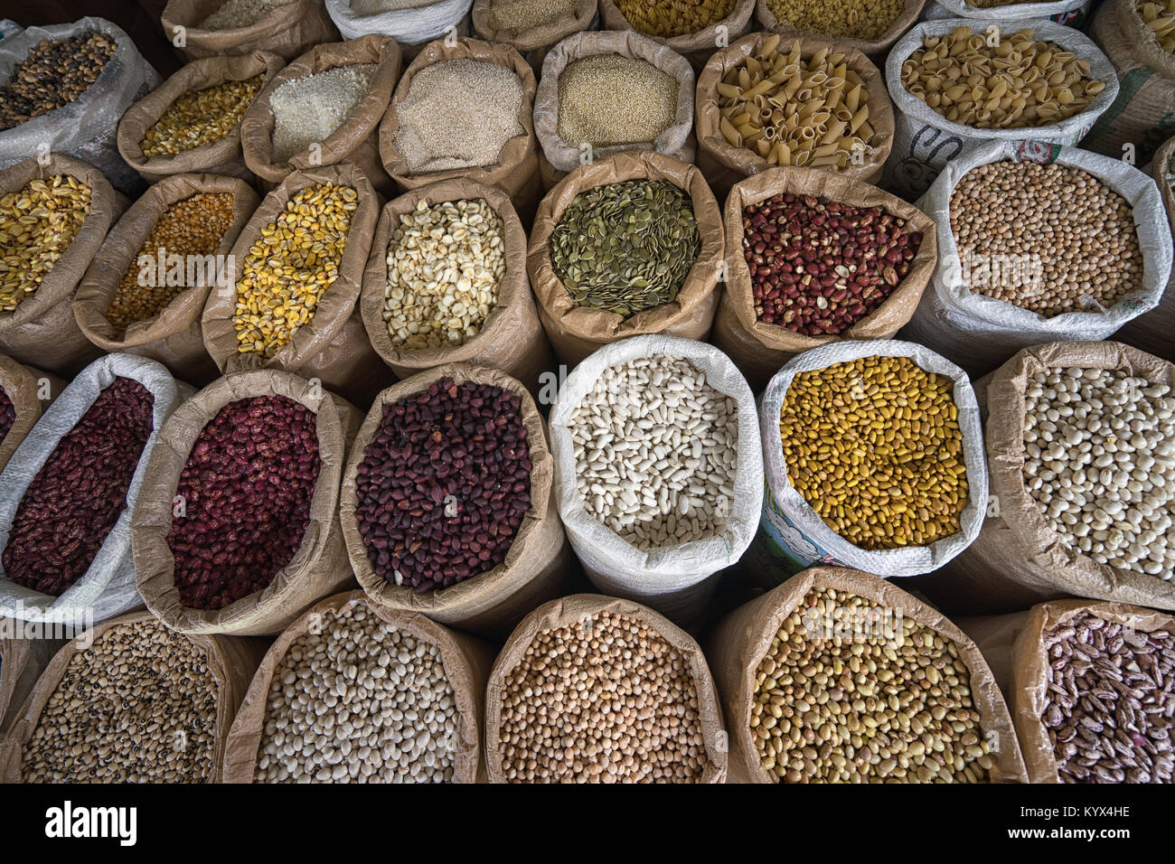 bulk dried foods in the Amazonas produce market of Ibarra, Ecuador