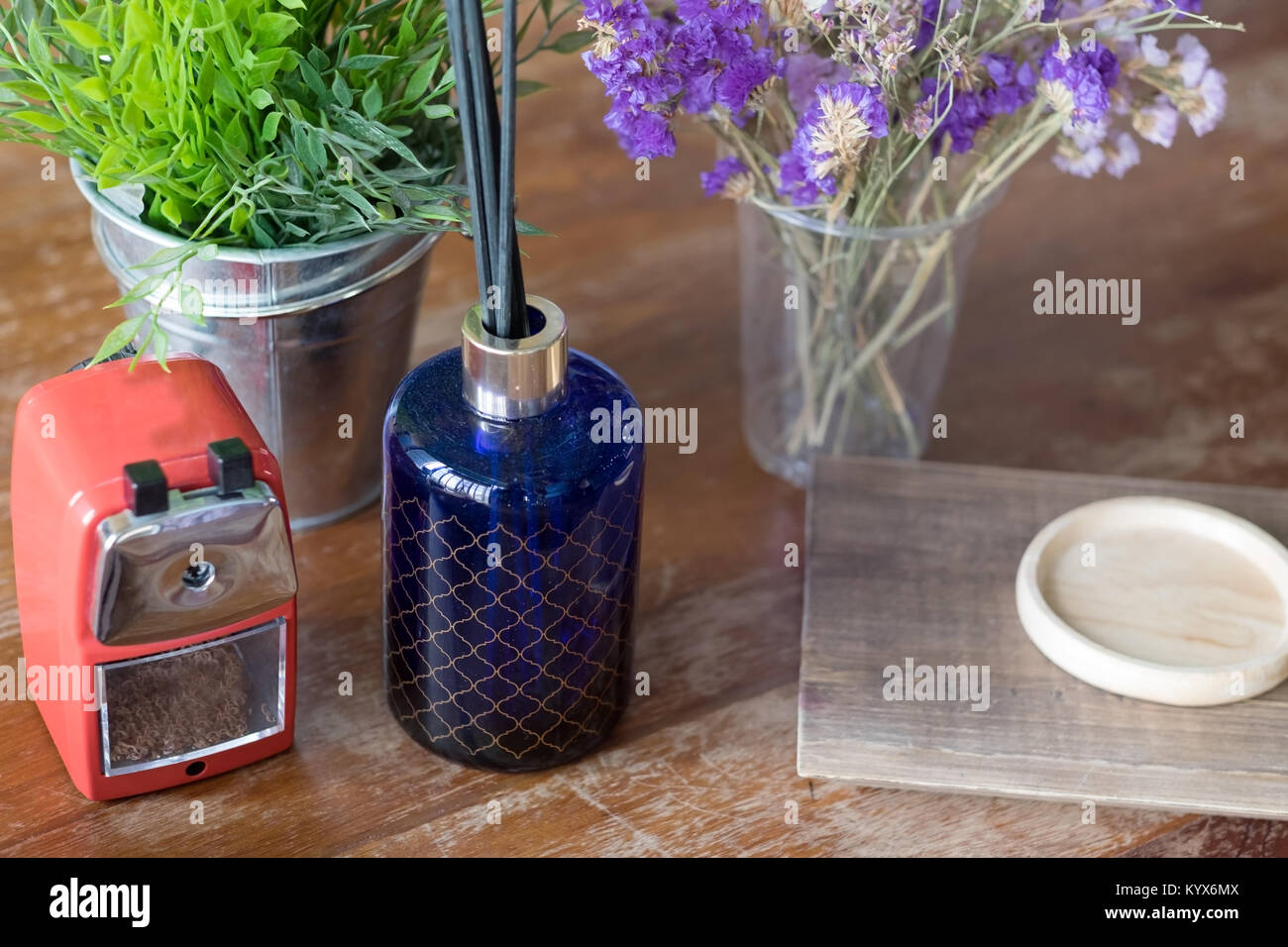 Sharpner Flower Close up view of workspace with flowers and pencil sharpener Stock ...