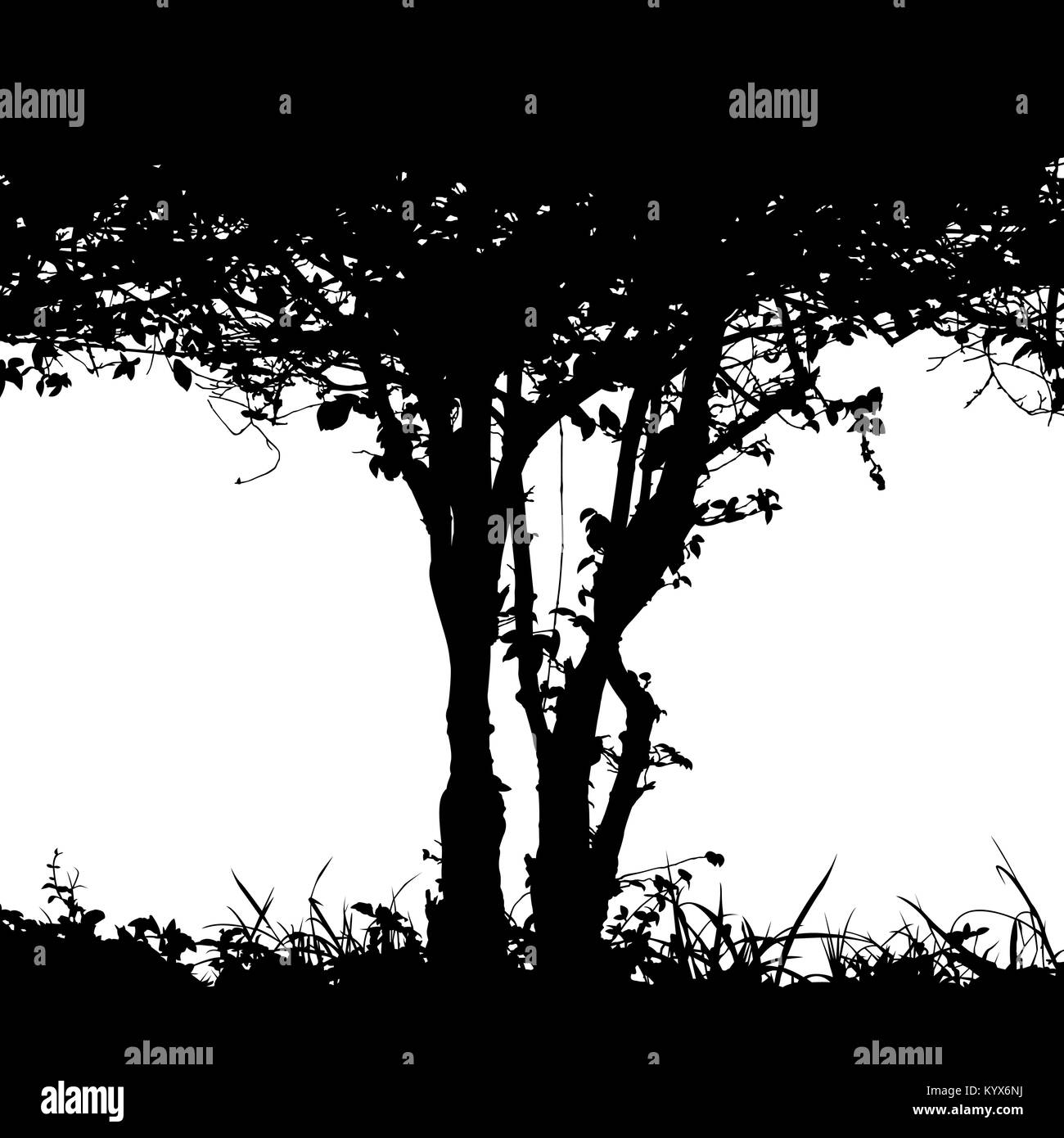 Editable vector silhouette detail of the trunk of a bush and undergrowth with copy-space Stock Vector