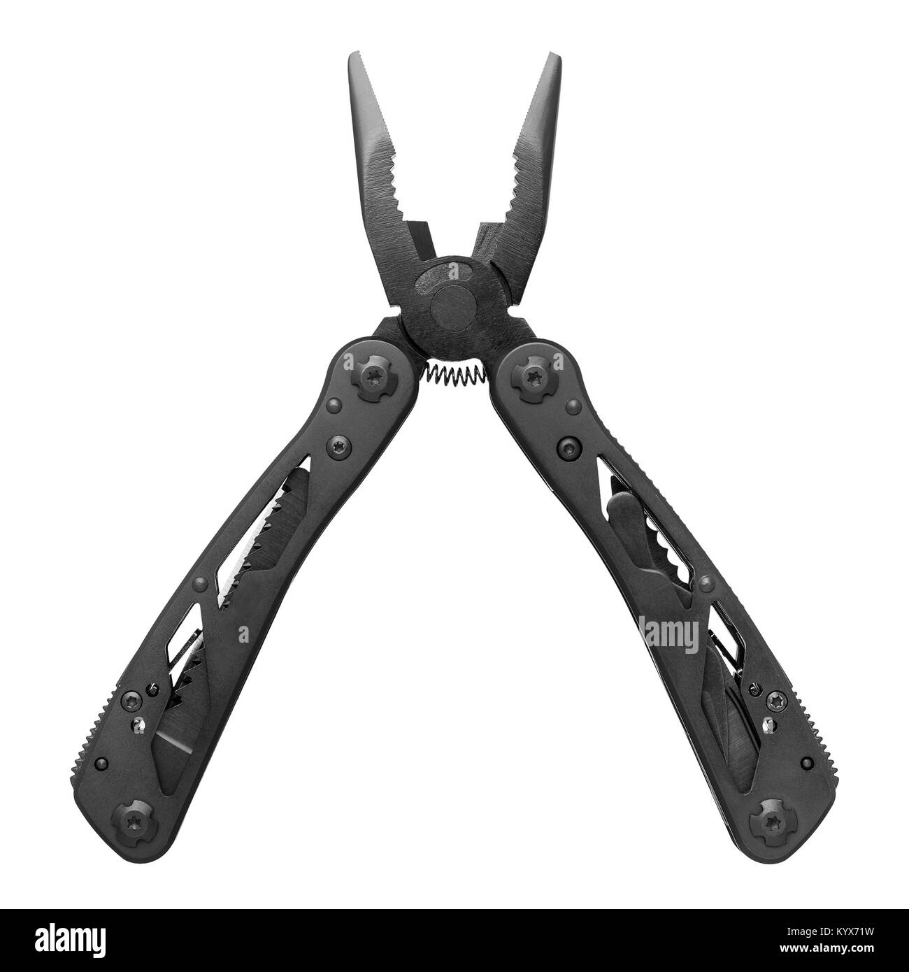Black multi tool isolated on white background. Universal hand tool that combines different individual functions. In this image this function is pliers Stock Photo