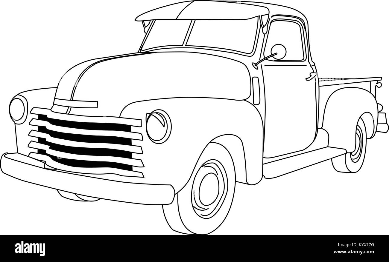 Old american pick-up truck - reto pickup car, front-side view Stock Vector