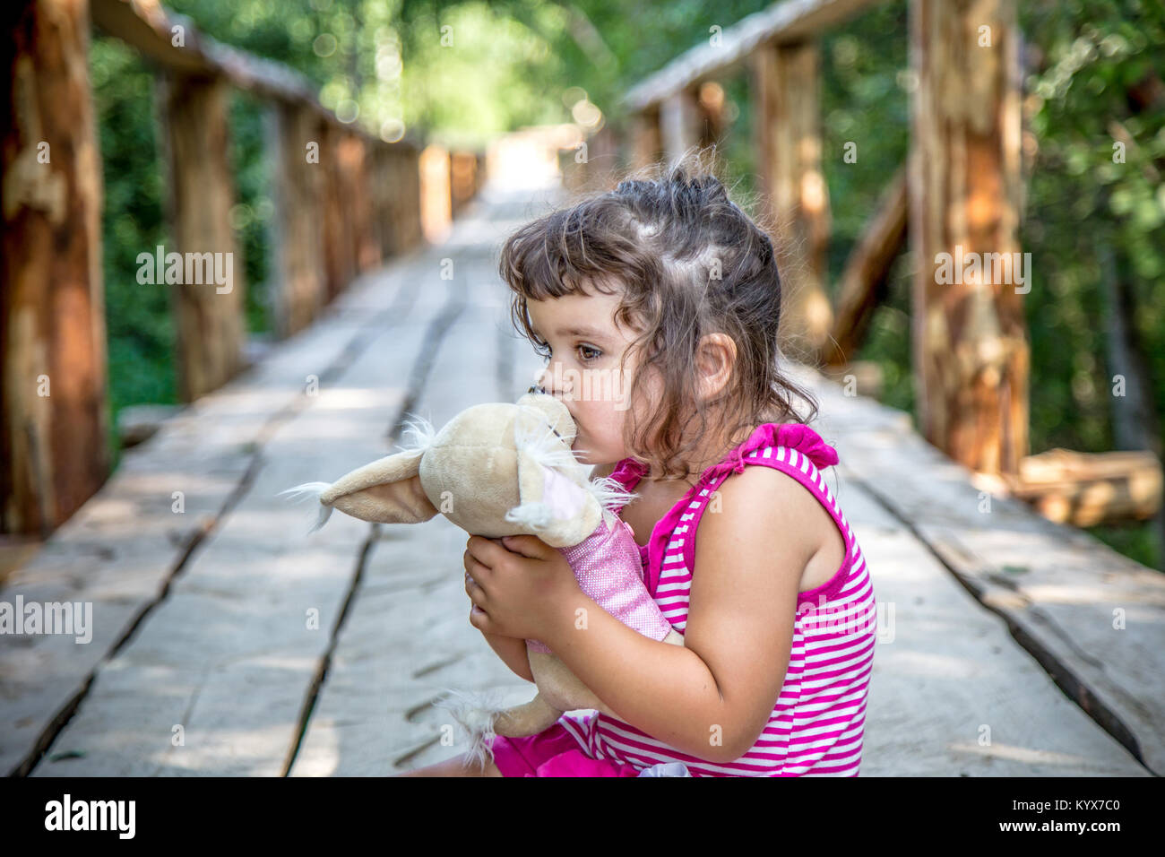 Beautiful little girl playing with a toy dog Stock Photo - Alamy