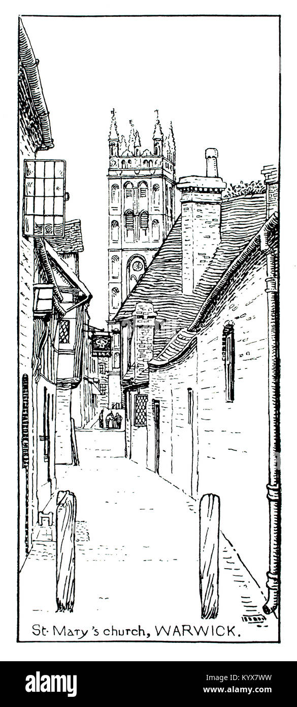 Saint Mary’s Church, from Castle Street, Warwick, illustration, by E H New, from 1893 The Studio an Illustrated Magazine of Fine and Applied Art Stock Photo