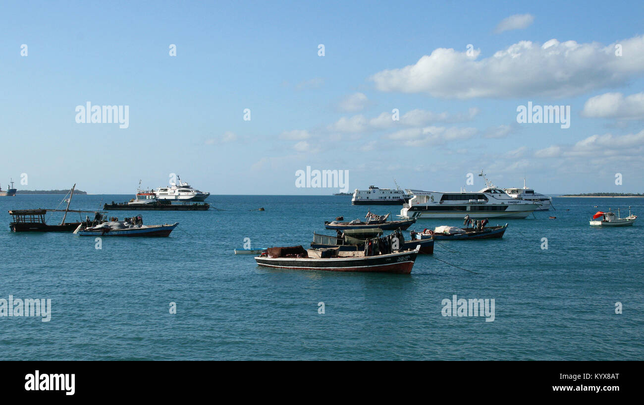 Ships sailing at sea, Stone Town, Zanzibar, Tanzania. Stock Photo