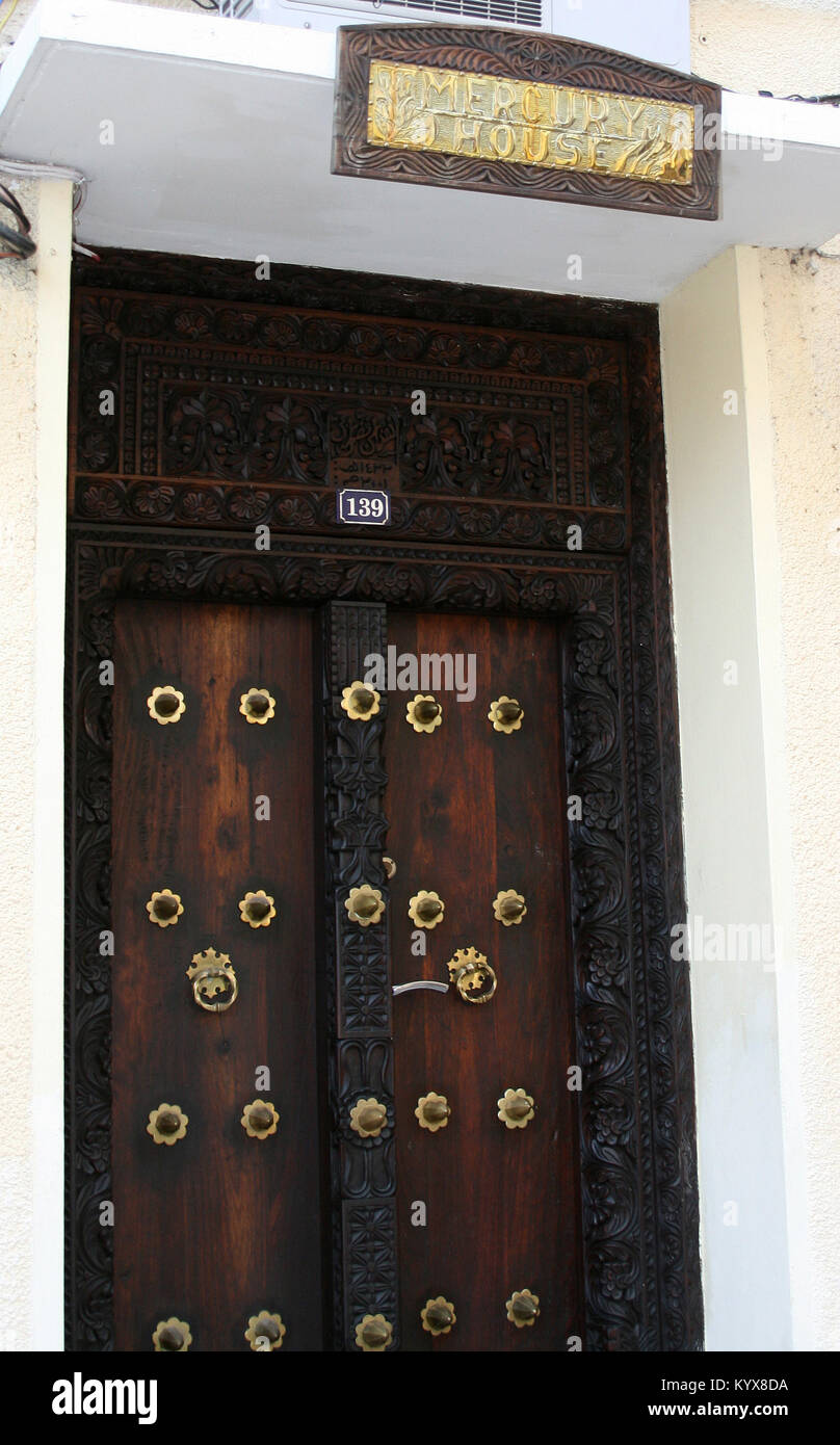 Freddie Mercury house, arabic style art carved door, Stone Town, Zanzibar, Tanzania. Stock Photo