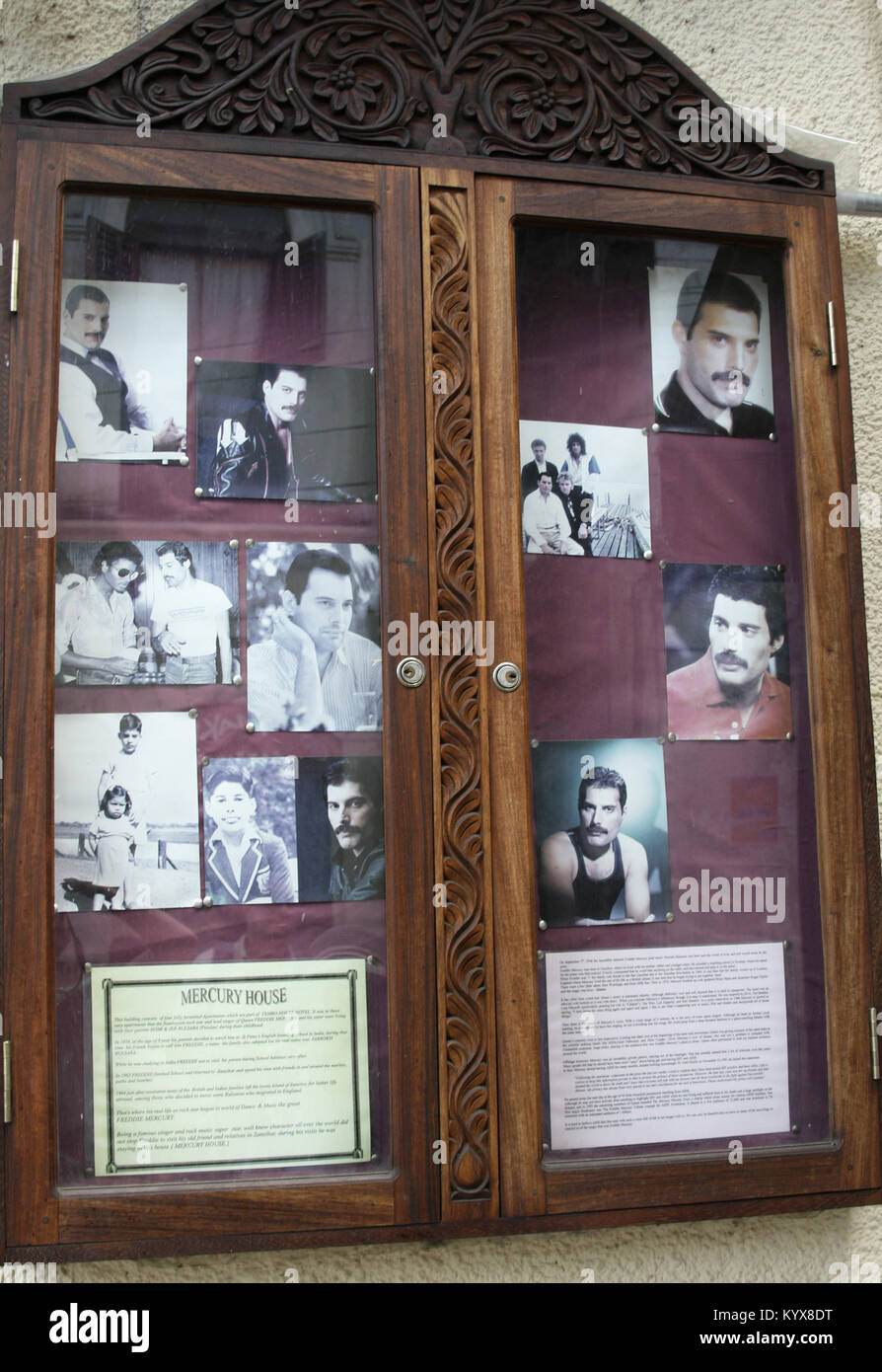 Freddie Mercury house, arabic style art carved board with early pictures, Stone Town, Zanzibar, Tanzania. Stock Photo