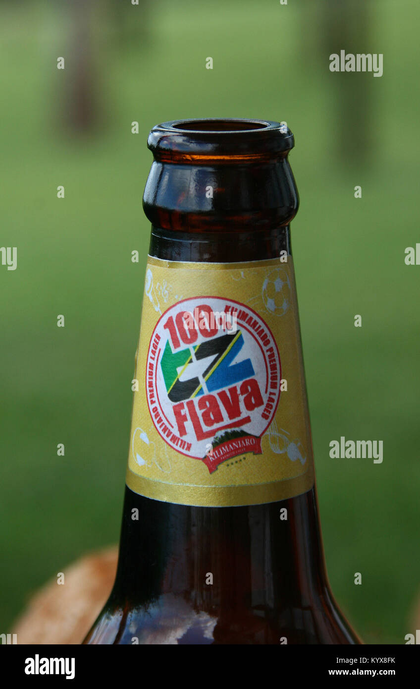 A Tanzanian breweries LTD. beer brand called Kilimanjaro Premium Lager, Stone Town, Zanzibar, Tanzania. Stock Photo