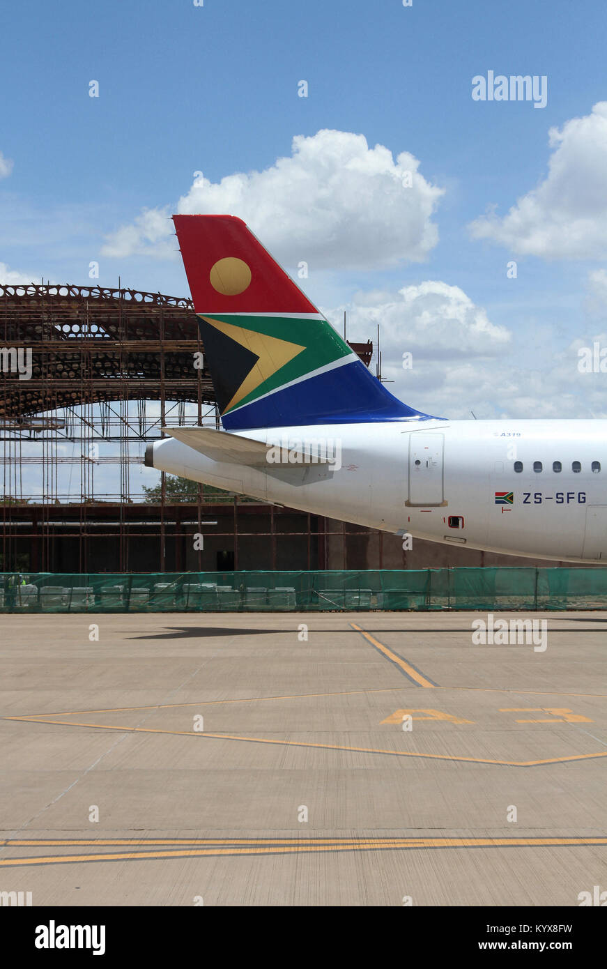 South African Airways, SAA, tail of A319 Airbus Family narrow-body jet airliner at Harry Mwanga Nkumbula International Airport, Livingstone, Zambia. Stock Photo