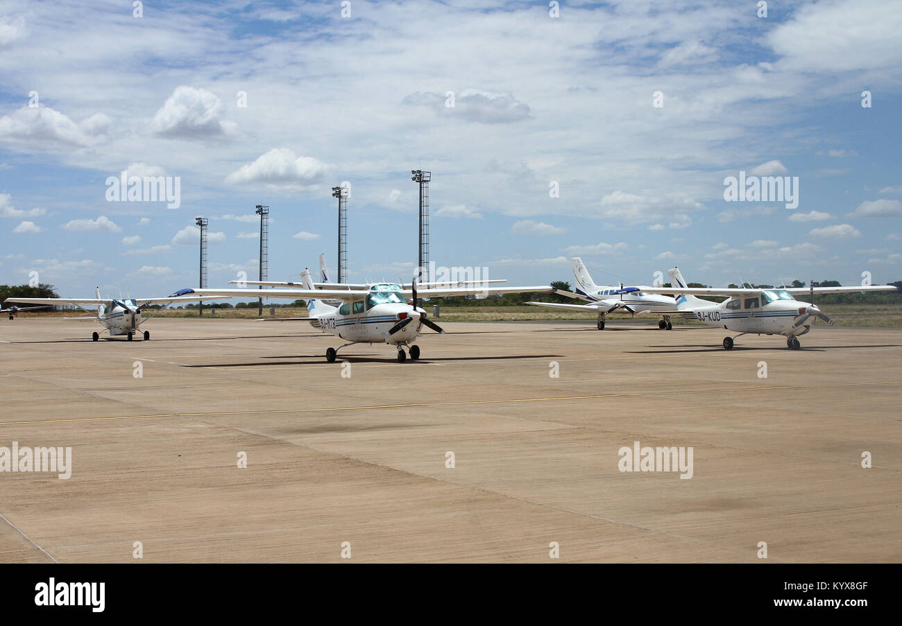 Light aircraft=Pipers, Beechcrafts and Cessnas, Harry Mwanga Nkumbula International Airport, Livingstone, Zambia. Stock Photo
