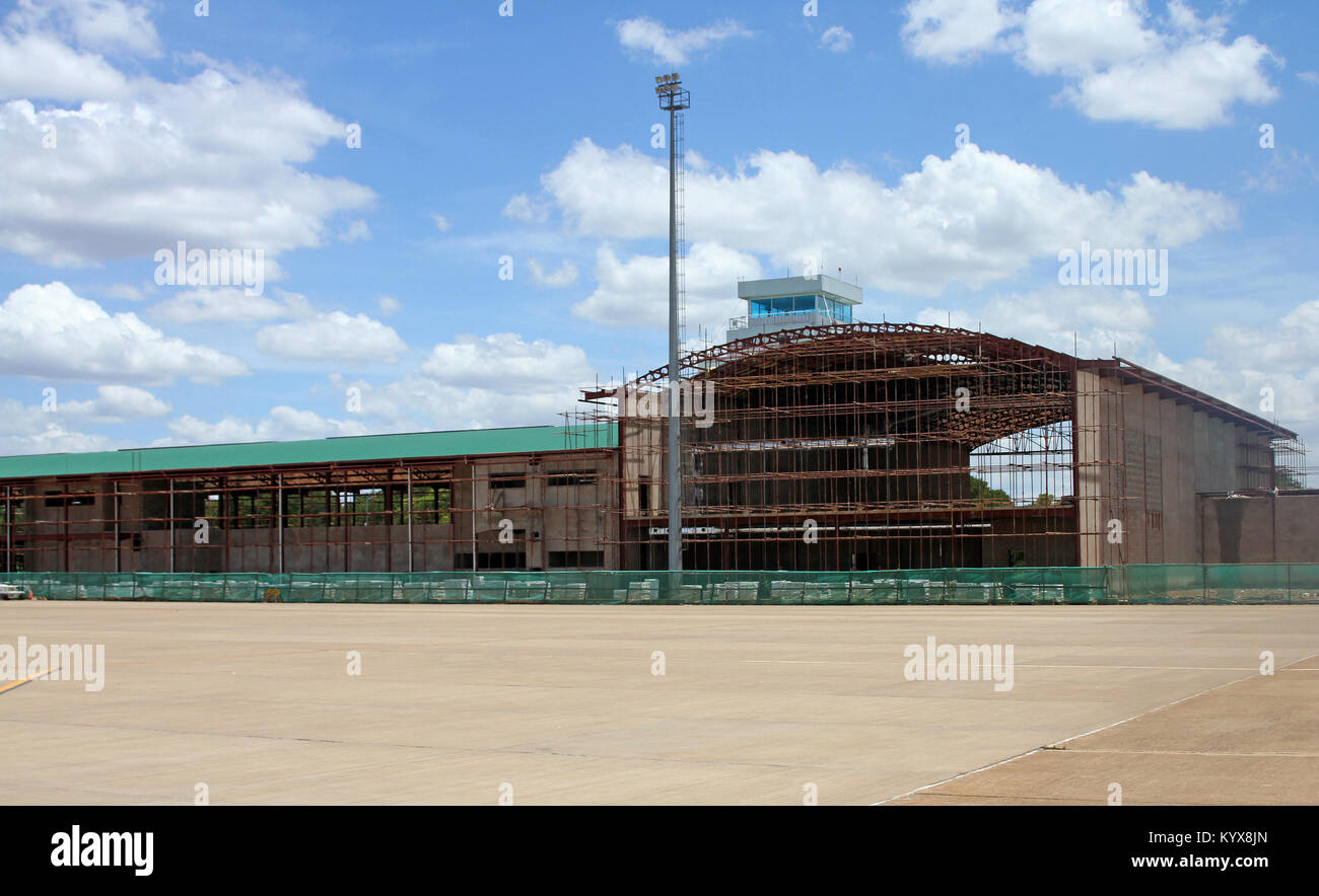 Steel frame scaffolding adding on of additional structure in progress, at Harry Mwanga Nkumbula International Airport, Livingstone, Zambia. Stock Photo